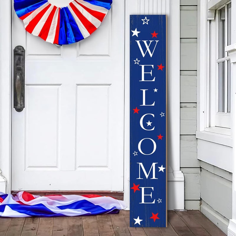 Seimip 4th of July Patriotic Welcome Porch Sign for Outdoor, American Flag Front Door Sign For Patio, 47" Blue Standing Yard Sign USA Wooden Signs Seasons Garden Decorations Vertical Signs for Indoor Wall - Image 1